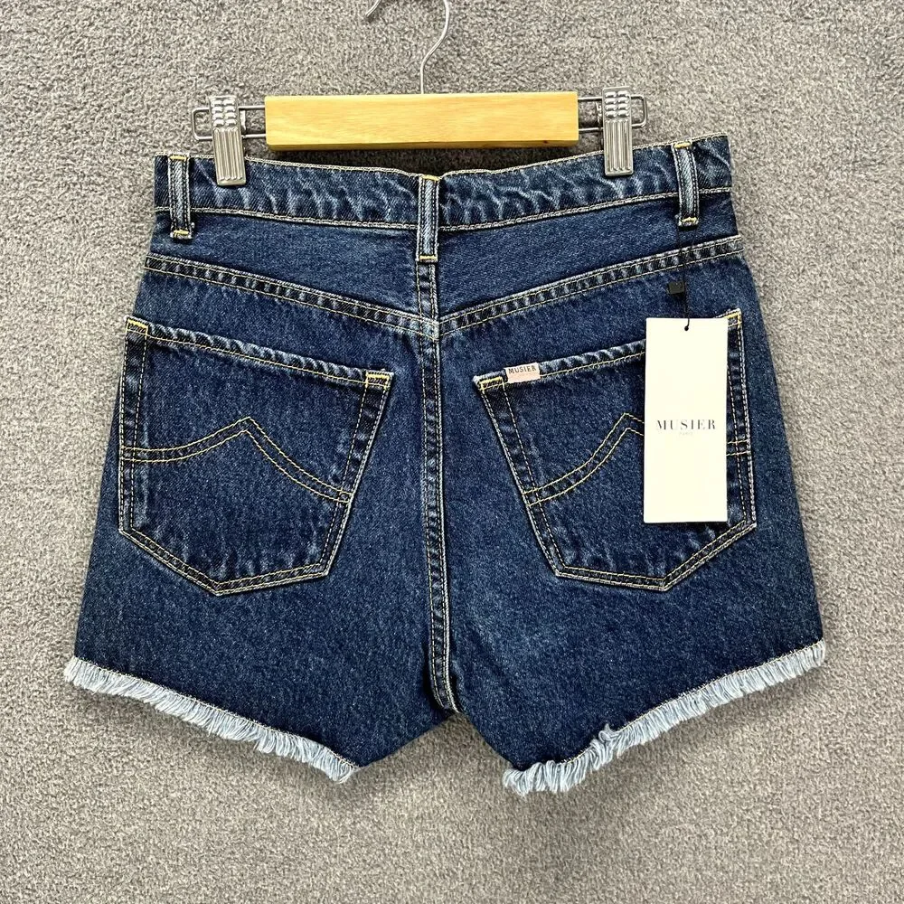 MUSIER Paris Jeans Shorts Womens 2 Blue High Rise Button fly Raw Hem Janet Denim